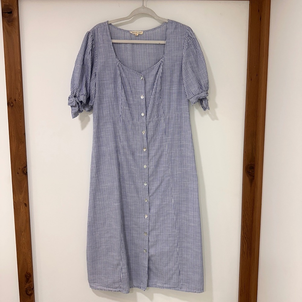 Parallel‎ Skies Striped Button Front Midi Dress Womens L Blue White Tie Sleeve